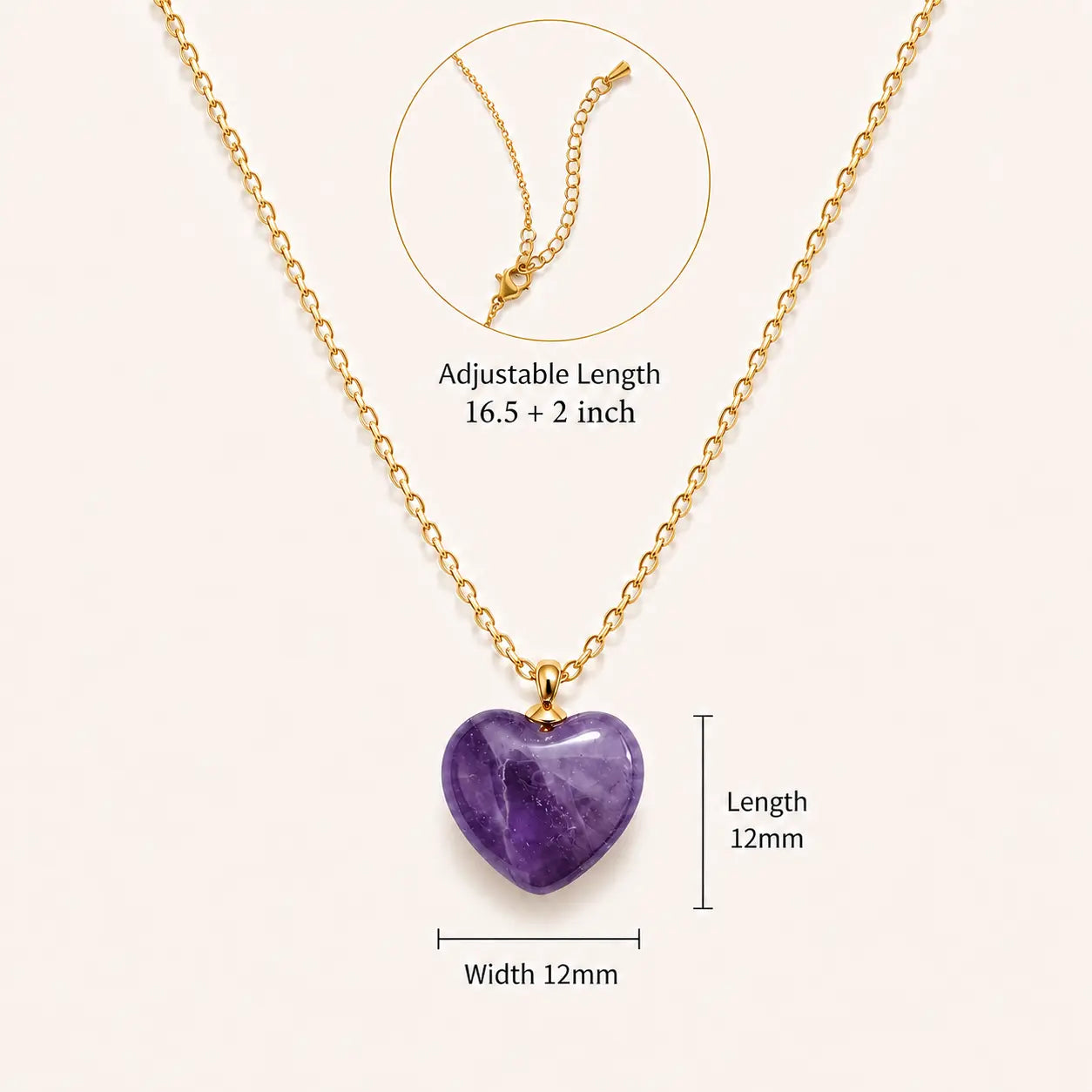 Exact size dimensions showing 12mm amethyst heart pendant and adjustable gold chain.