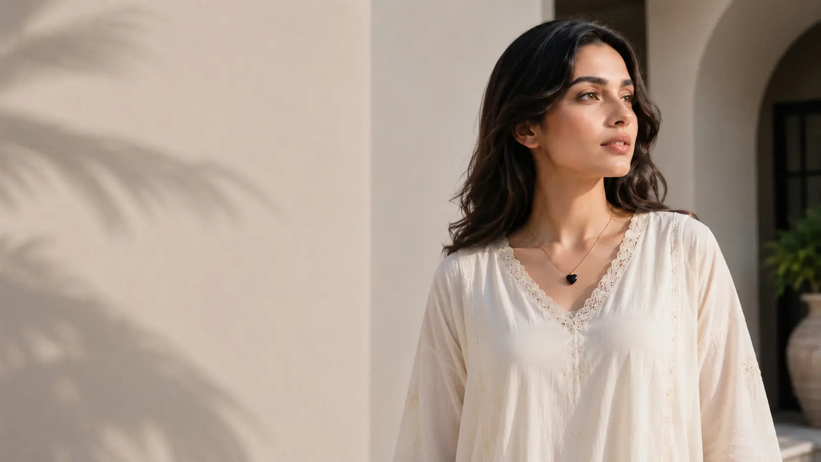 Elegant Pakistani model wearing MEHRZEB premium black heart gemstone gold chain necklace in a classic white dress with soft sunlight and shadows.