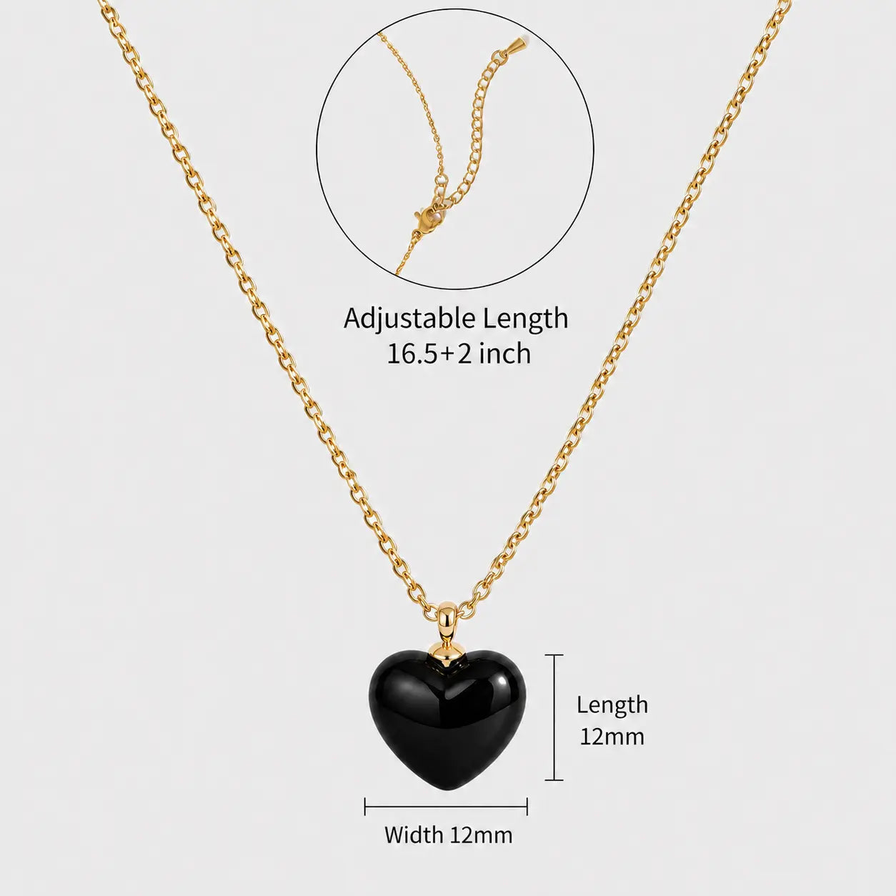 Exact size dimensions showing 12mm black heart pendant and adjustable chain for MEHRZEB necklace.