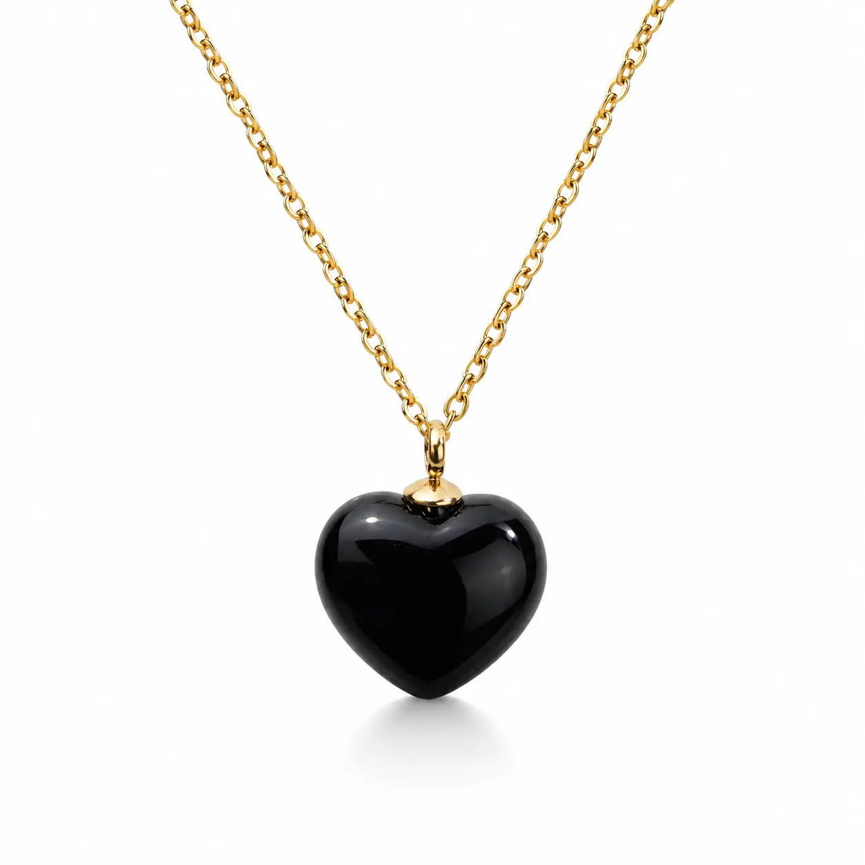 MEHRZEB 18k gold plated necklace featuring a midnight black onyx simulant heart pendant on a white background.