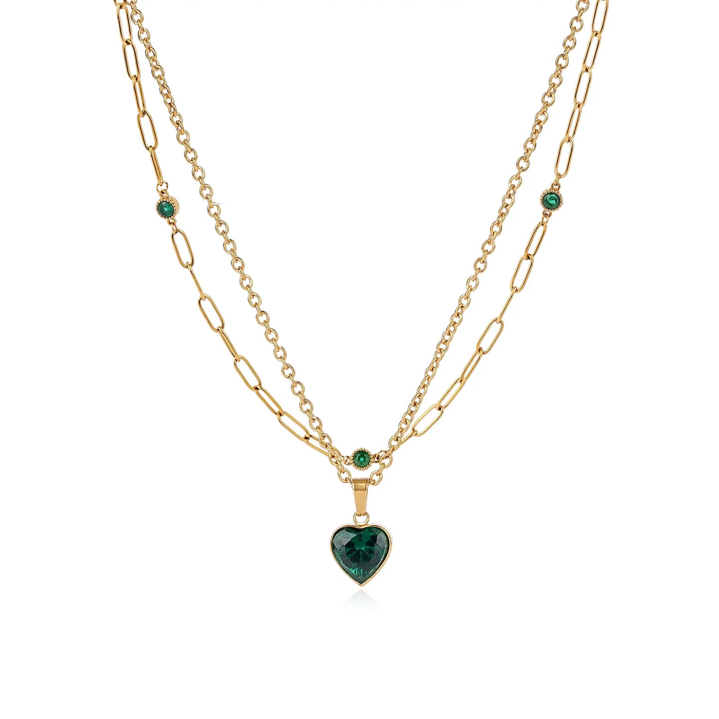 MEHRZEB 18k gold plated double layered necklace with emerald green heart pendant on white background.