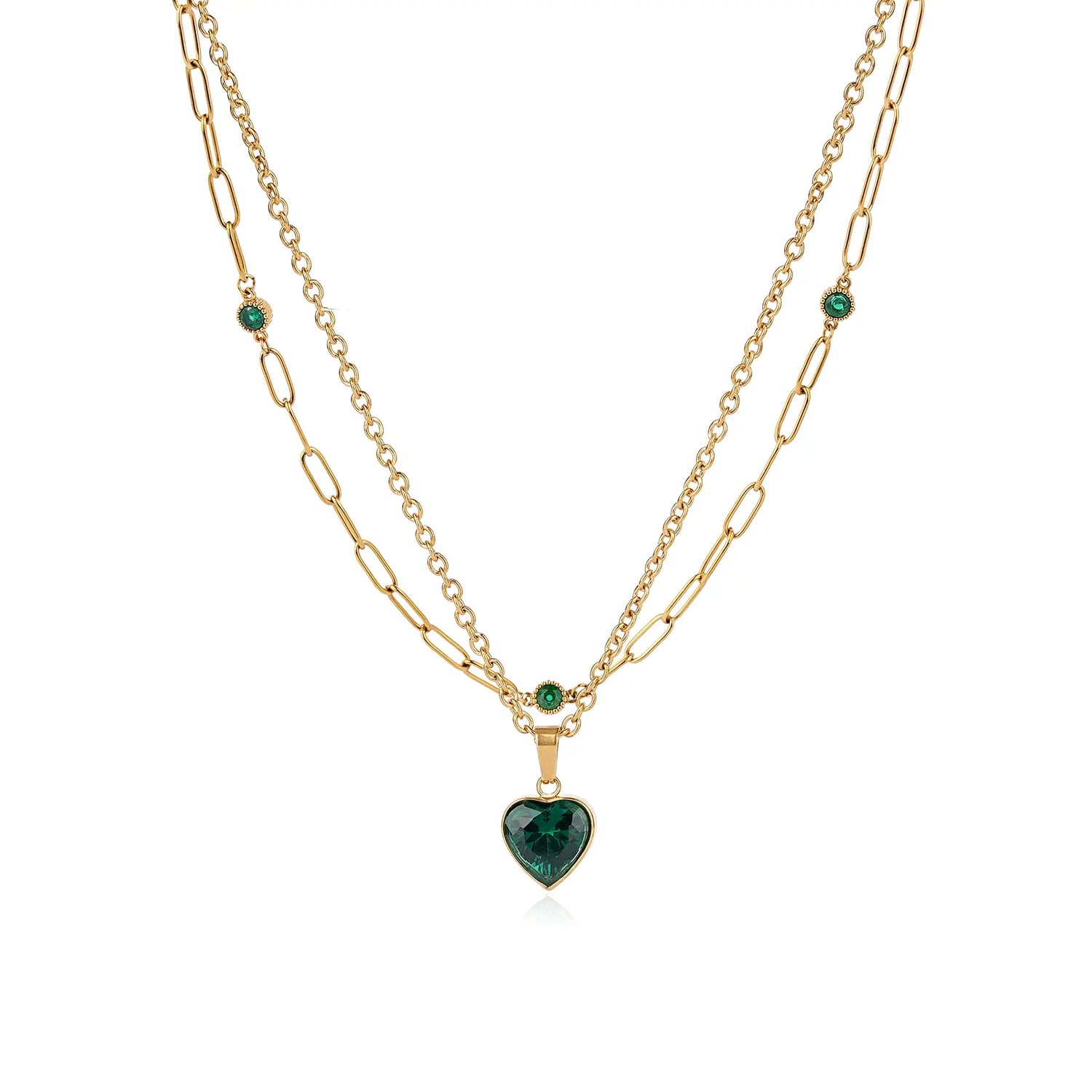 MEHRZEB 18k gold plated double layered necklace with emerald green heart pendant on white background.