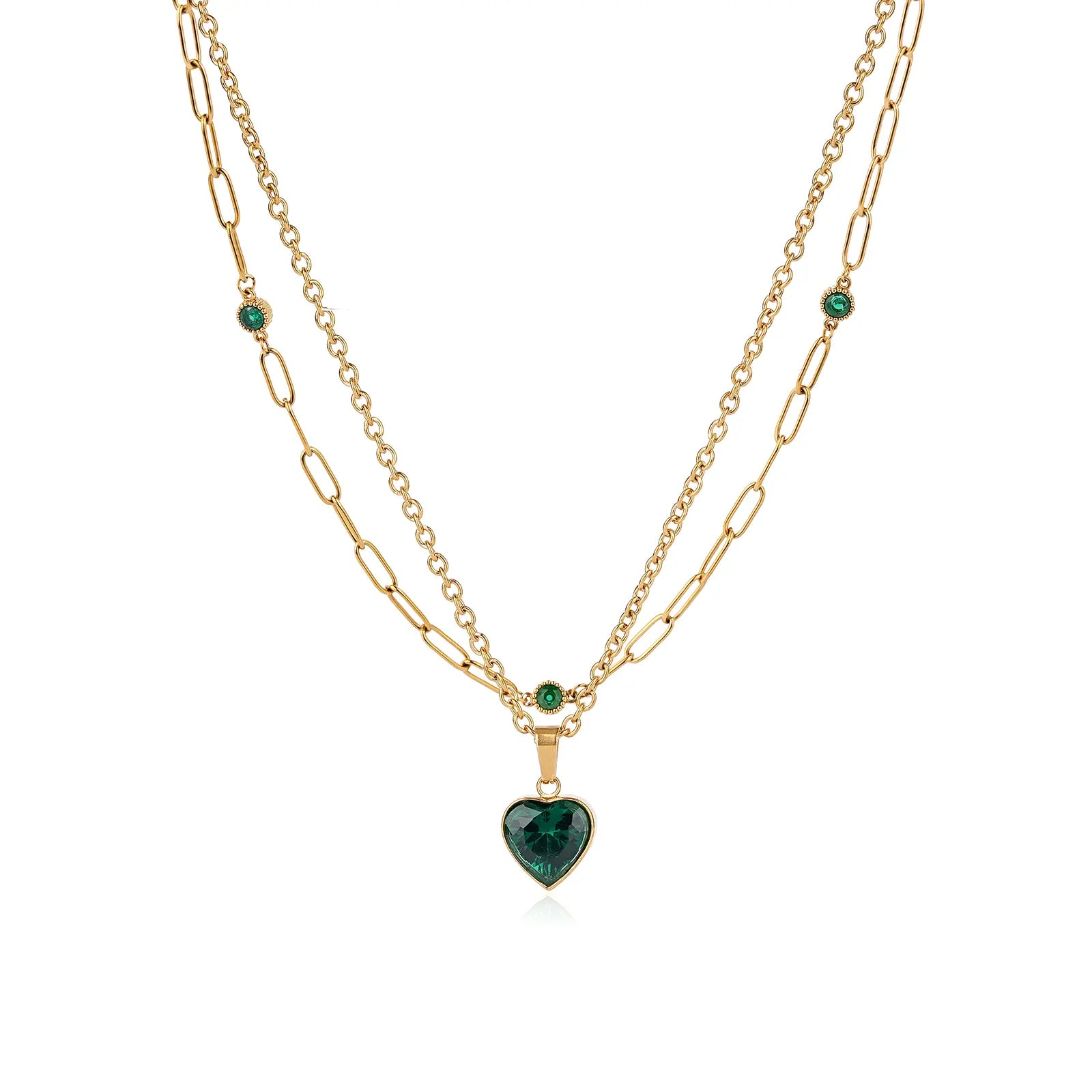 MEHRZEB 18k gold plated double layered necklace with emerald green heart pendant on white background.