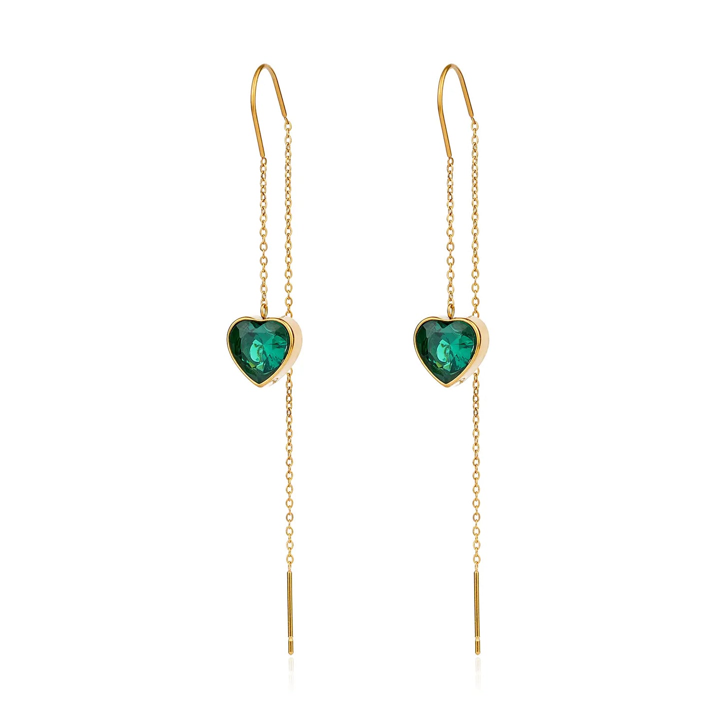 MEHRZEB 18k gold plated threader earrings featuring emerald green heart zircon stones on a white background.