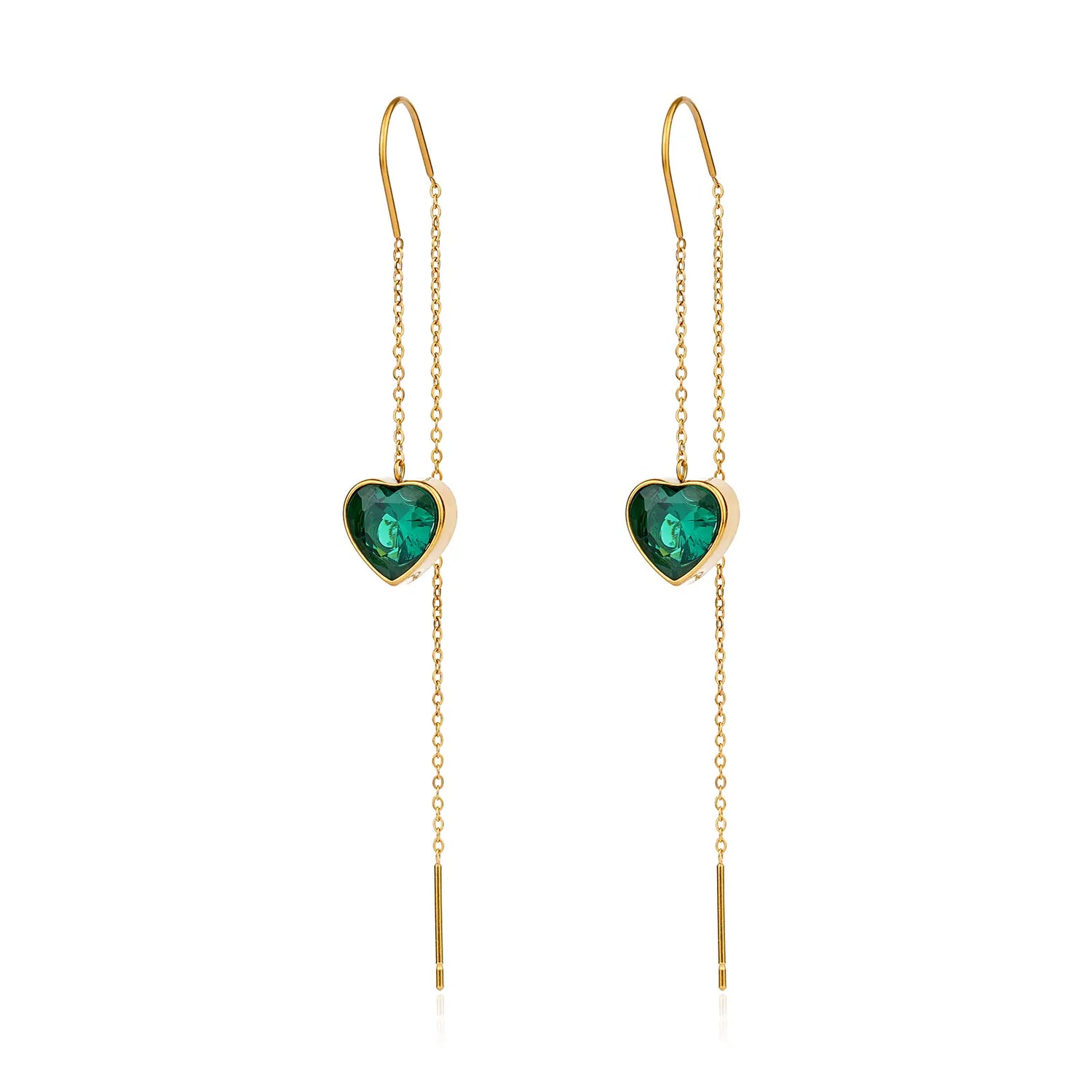 MEHRZEB 18k gold plated threader earrings featuring emerald green heart zircon stones on a white background.