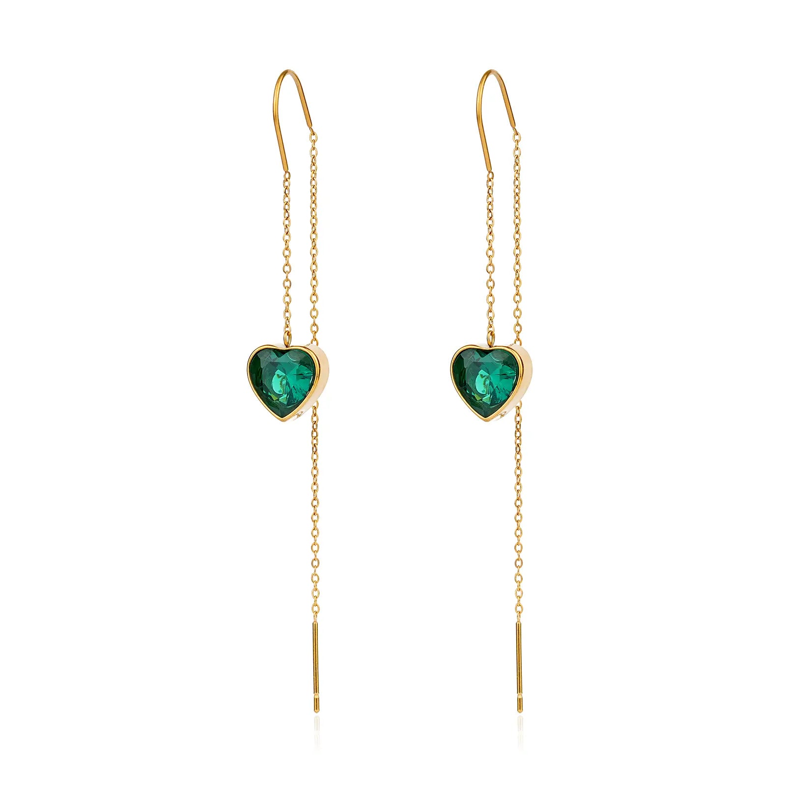 MEHRZEB 18k gold plated threader earrings featuring emerald green heart zircon stones on a white background.