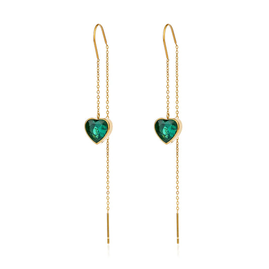 MEHRZEB 18k gold plated threader earrings featuring emerald green heart zircon stones on a white background.