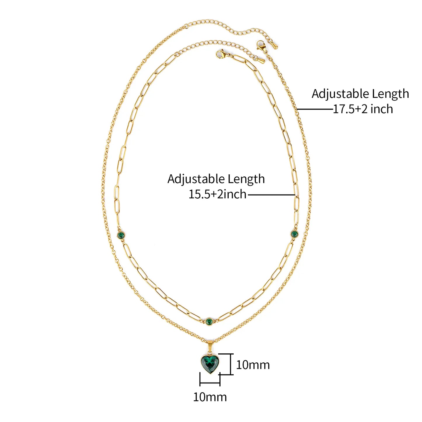 Size chart for MEHRZEB double layered necklace showing 15.5 inch and 17.5 inch chains with 10mm heart pendant.