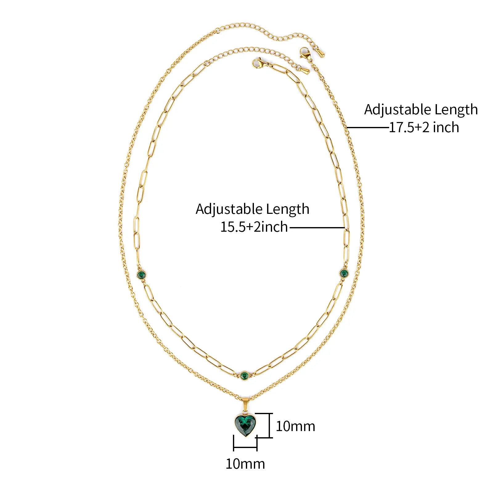 Size chart for MEHRZEB double layered necklace showing 15.5 inch and 17.5 inch chains with 10mm heart pendant.