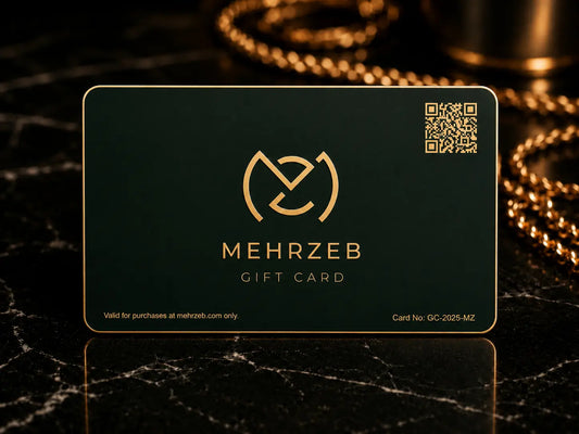 MEHRZEB signature dark emerald green and gold digital gift card for luxury 18k gold-plated jewelry.