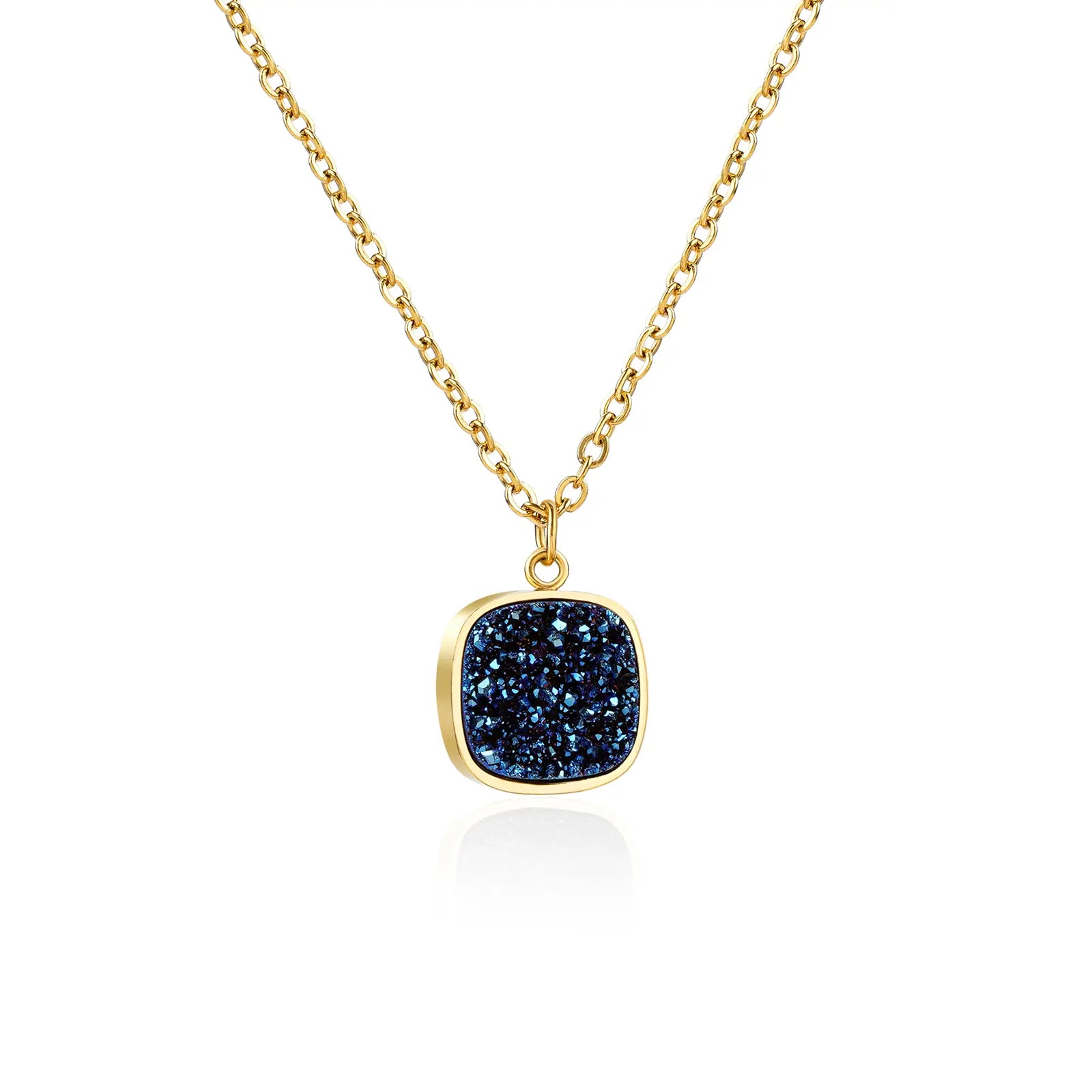 MEHRZEB 18k gold plated cushion cut pendant necklace with midnight azure blue druzy stone on a clean white background.