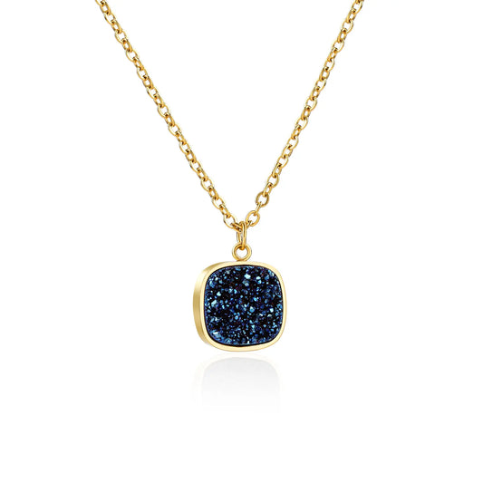 MEHRZEB 18k gold plated cushion cut pendant necklace with midnight azure blue druzy stone on a clean white background.