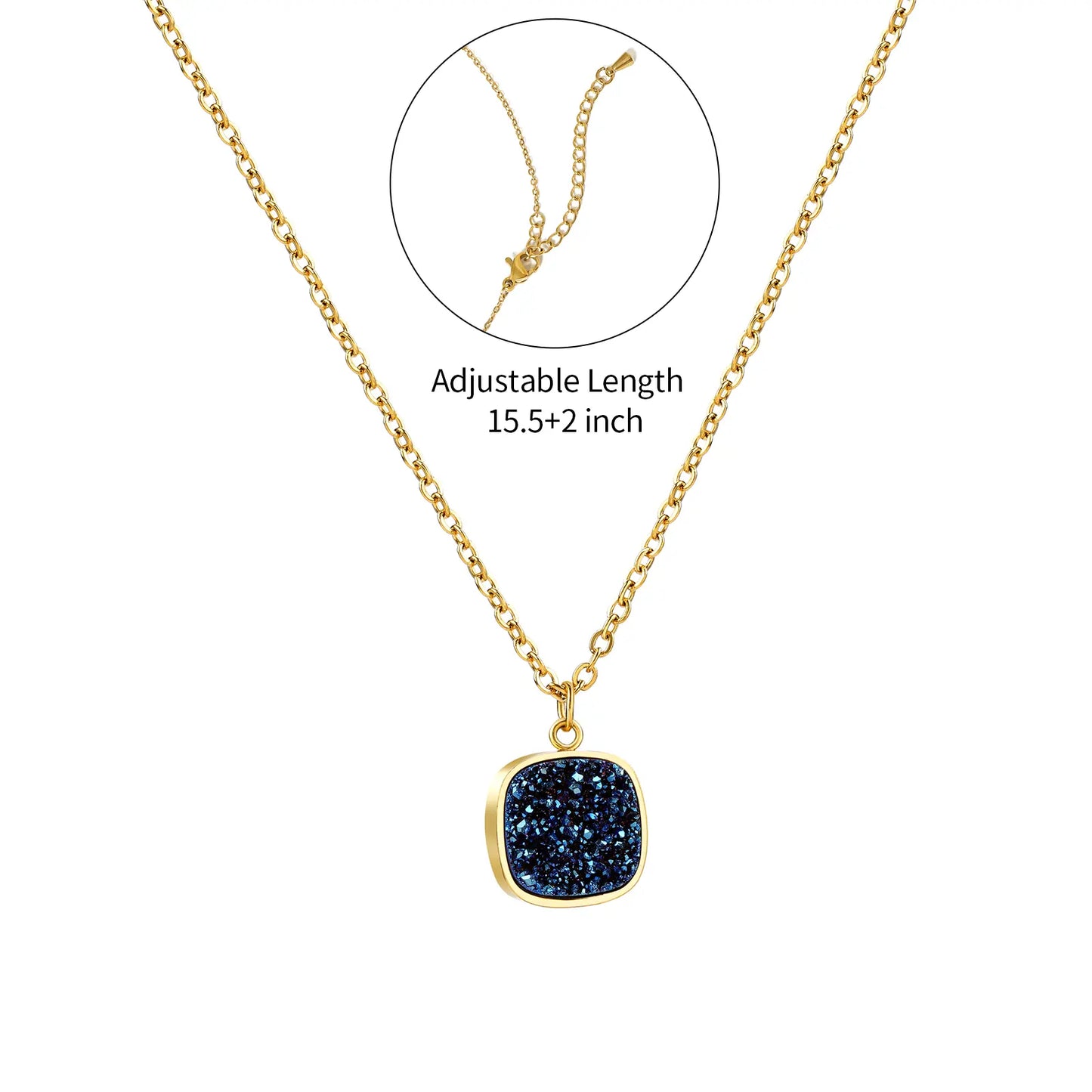 Size chart for MEHRZEB midnight azure necklace showing 15.5 inches chain with a 2 inch adjustable extender.