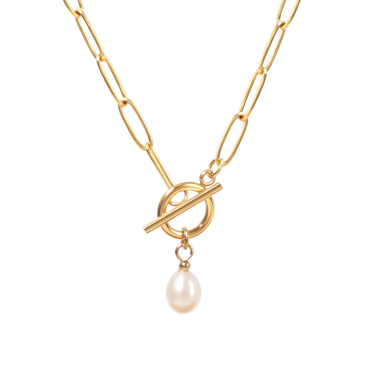 MEHRZEB natural freshwater baroque pearl pendant with 18k gold plated paperclip chain on a clean white background.