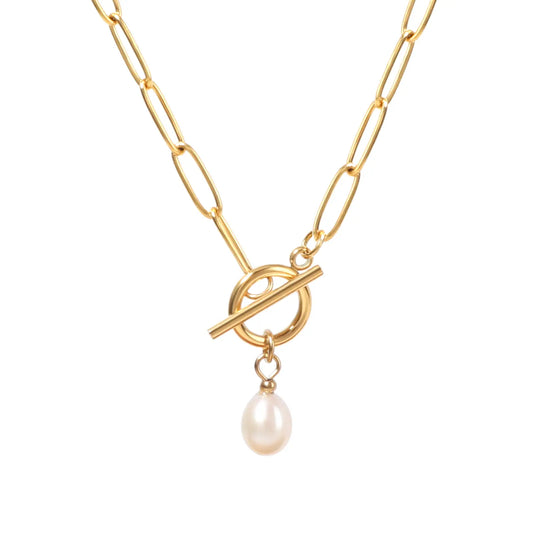 MEHRZEB natural freshwater baroque pearl pendant with 18k gold plated paperclip chain on a clean white background.