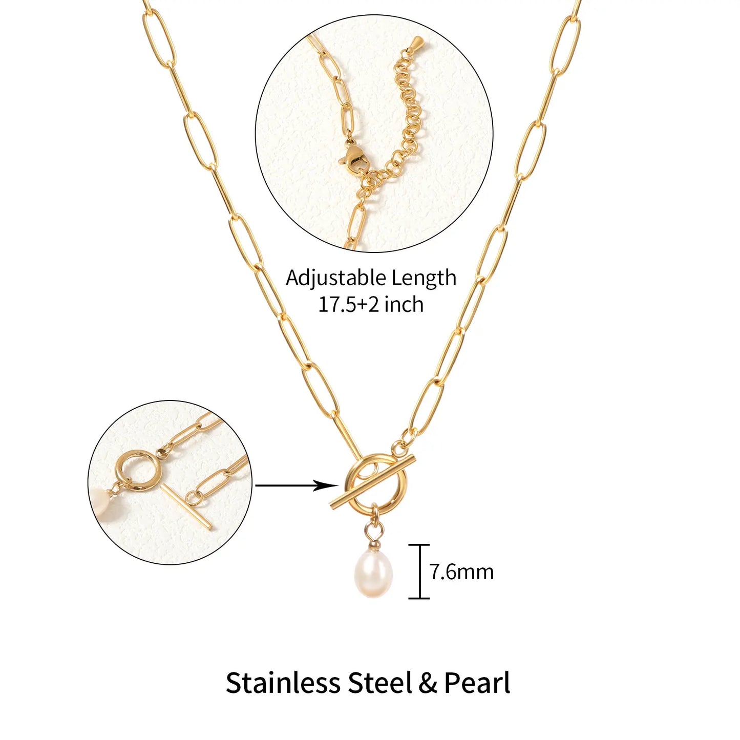 Exact size dimensions and adjustable chain length of the MEHRZEB natural pearl toggle necklace.