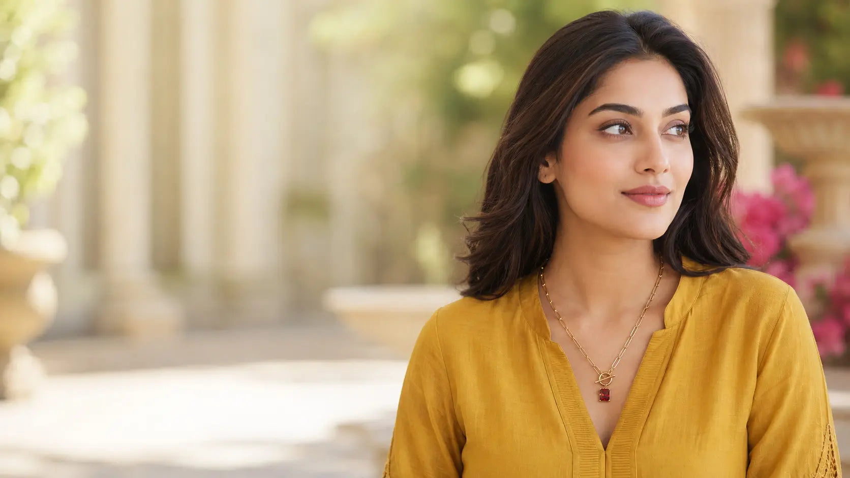 Luxury model in mustard yellow outfit wearing MEHRZEB gold chain with a rectangular red gemstone pendant.