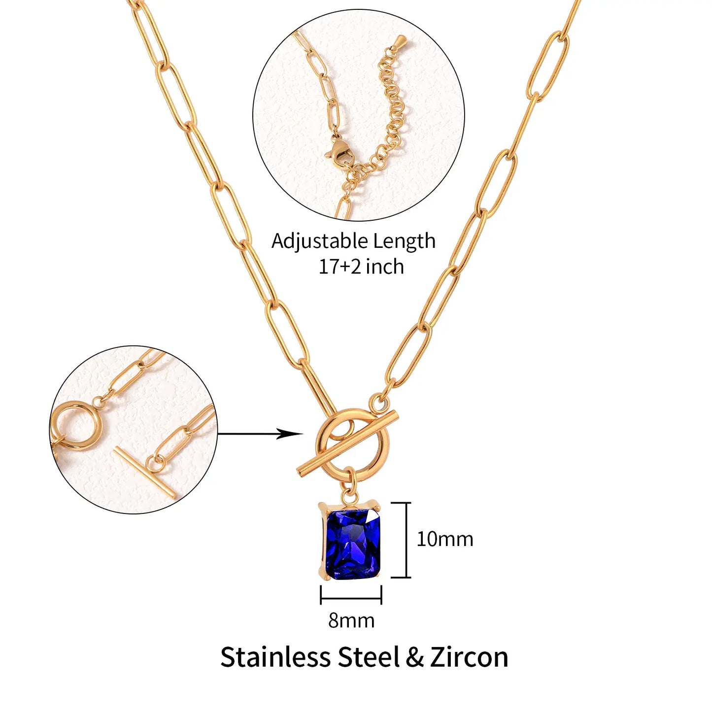 Size chart and toggle clasp mechanism for MEHRZEB imperial sapphire pendant necklace.