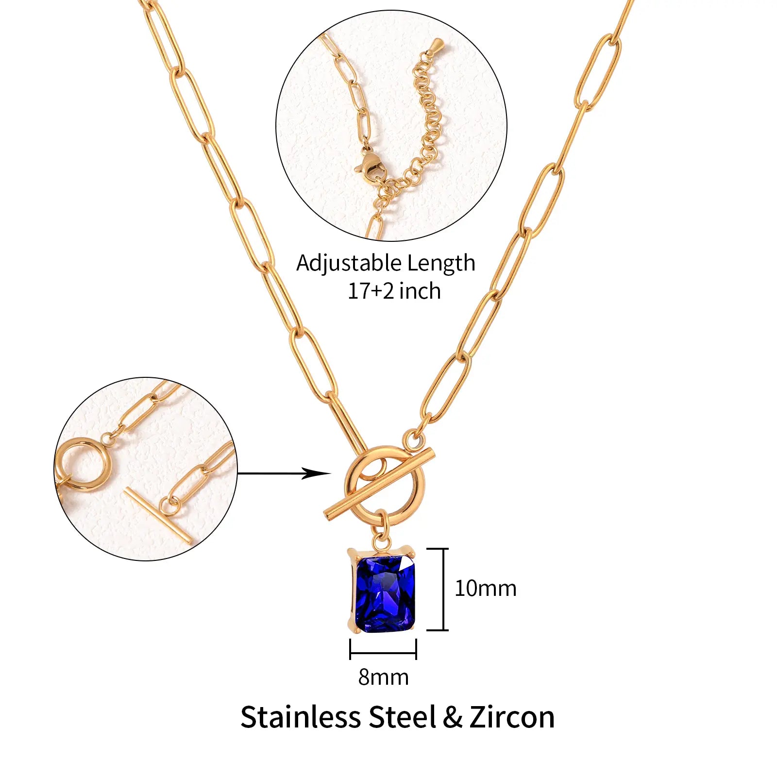 Size chart and toggle clasp mechanism for MEHRZEB imperial sapphire pendant necklace.