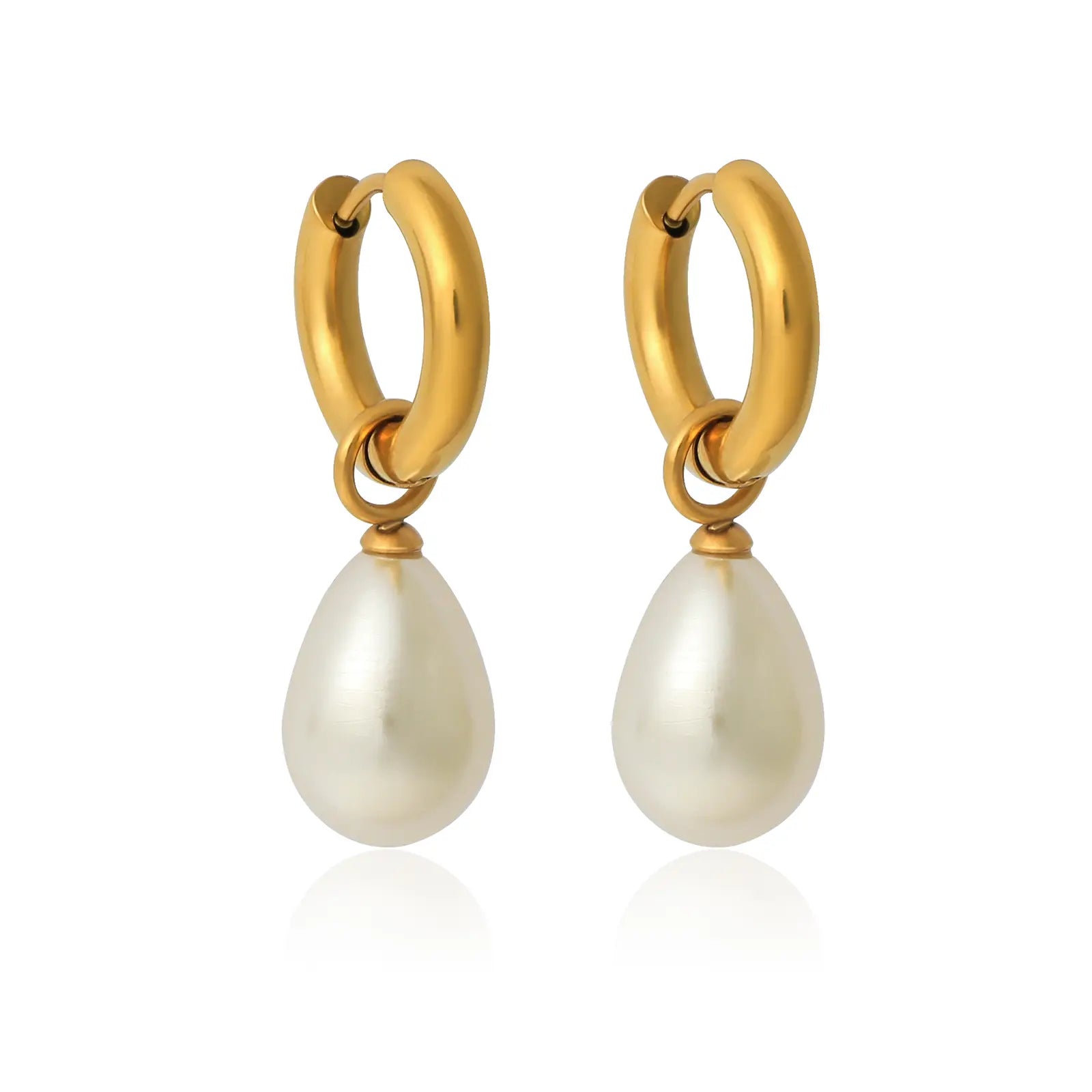 MEHRZEB 18k gold plated thick hoop earrings featuring luminous simulated pearl drops on a white background.