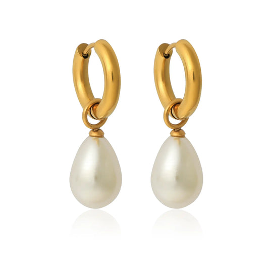 MEHRZEB 18k gold plated thick hoop earrings featuring luminous simulated pearl drops on a white background.